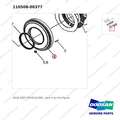 110508-00377 AXLE ASSY,DRIVE;A130B - parts diagram, item 4 shown - genuine Doosan / Bobcat forklift part