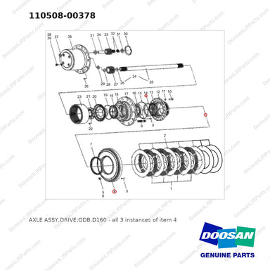 110508-00378 AXLE ASSY,DRIVE;ODB,D160 - full parts diagram, item 4 marked - genuine Doosan / Bobcat forklift part