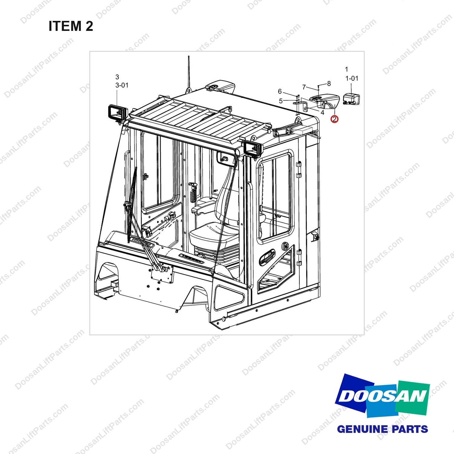 110508-02879 MOUNT GROUP;LAMP, CABIN - full parts diagram, item 2 marked - genuine Doosan / Bobcat forklift part