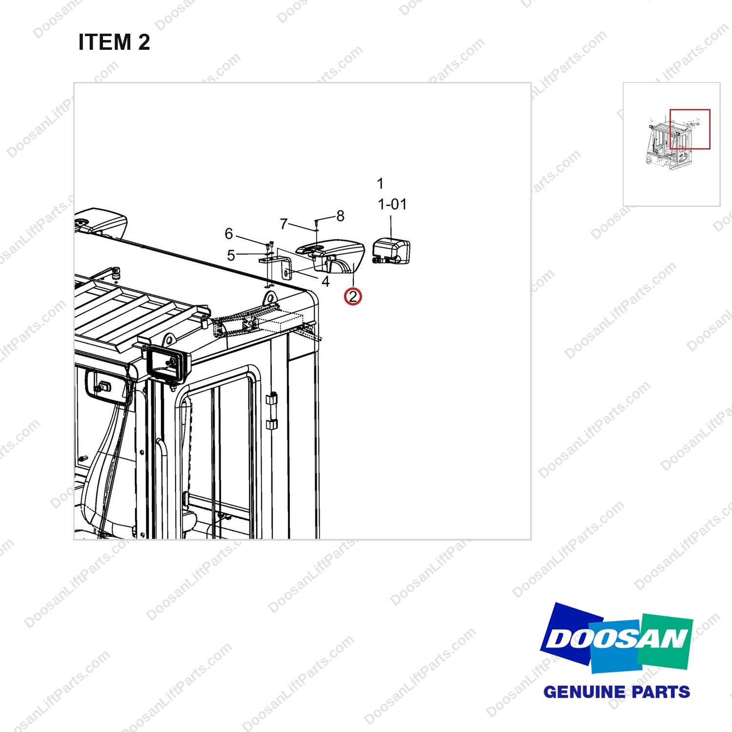 110508-02879 MOUNT GROUP;LAMP, CABIN - parts diagram, item 2 shown - genuine Doosan / Bobcat forklift part