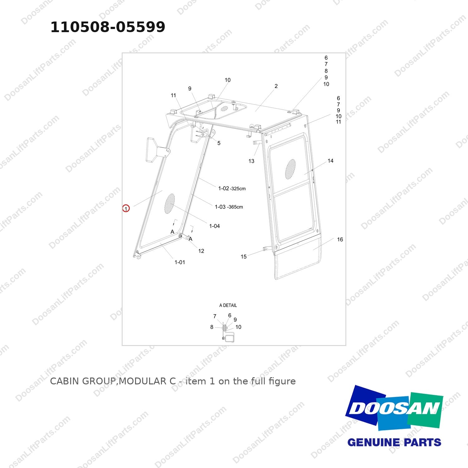 110508-05599 CABIN GROUP,MODULAR C - full parts diagram, item 1 marked - genuine Doosan / Bobcat forklift part