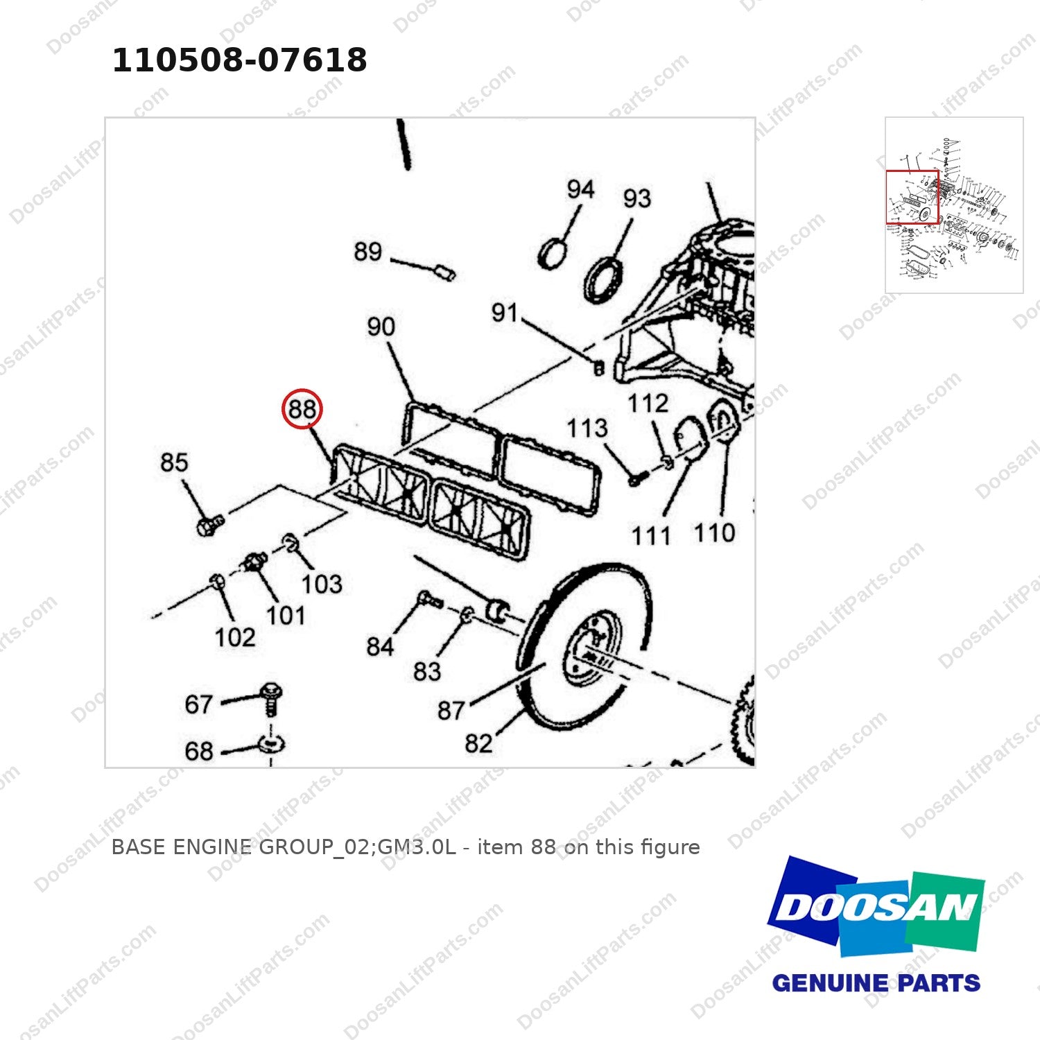 110508-07618 BASE ENGINE GROUP_02;GM3.0L - parts diagram, item 88 shown - genuine Doosan / Bobcat forklift part