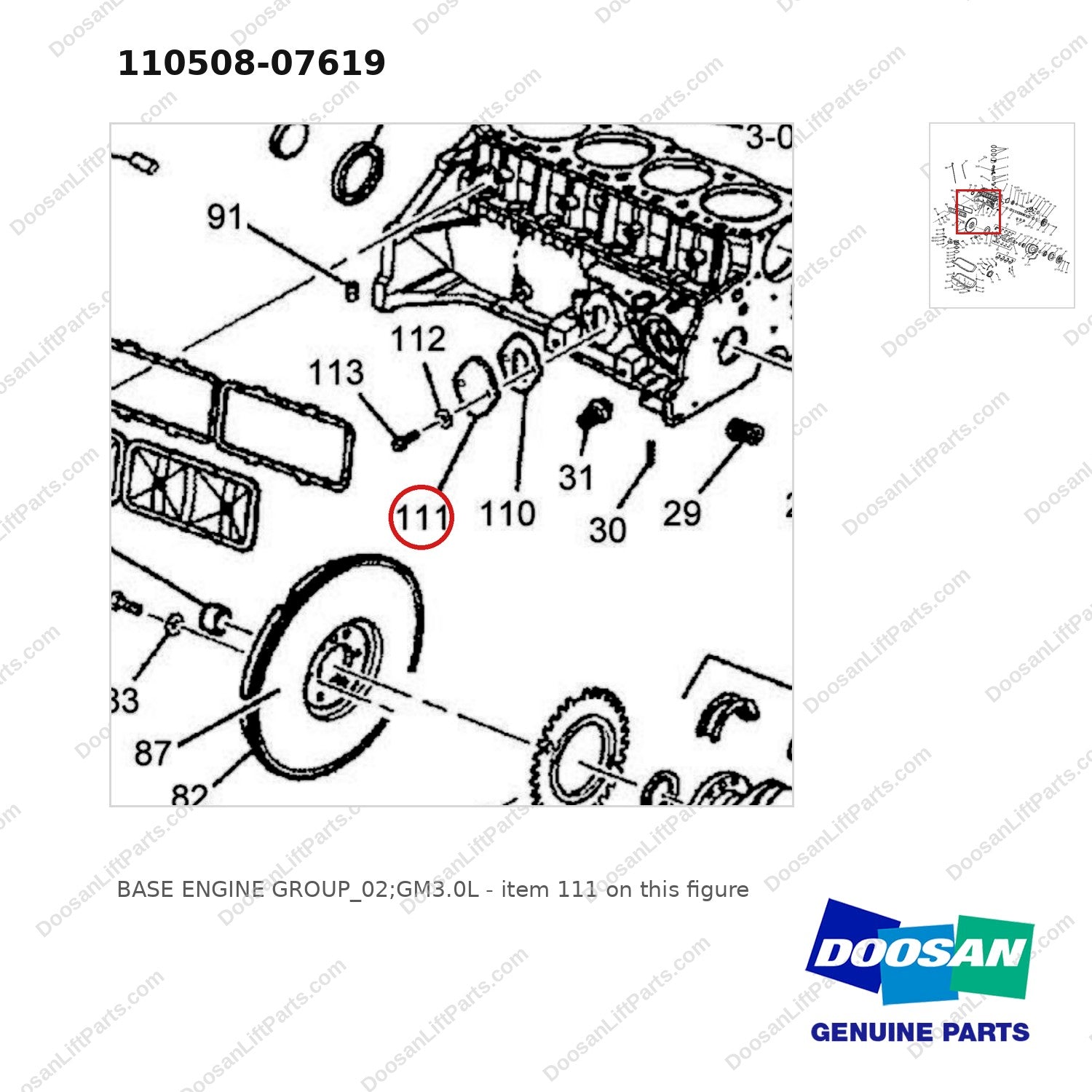 110508-07619 BASE ENGINE GROUP_02;GM3.0L - parts diagram, item 111 shown - genuine Doosan / Bobcat forklift part