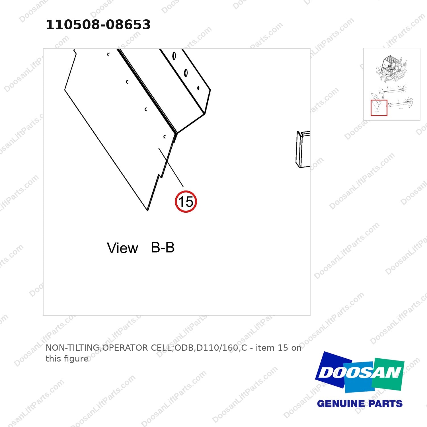110508-08653 NON-TILTING,OPERATOR CELL;ODB,D110/160,C - parts diagram, item 15 shown - genuine Doosan / Bobcat forklift part