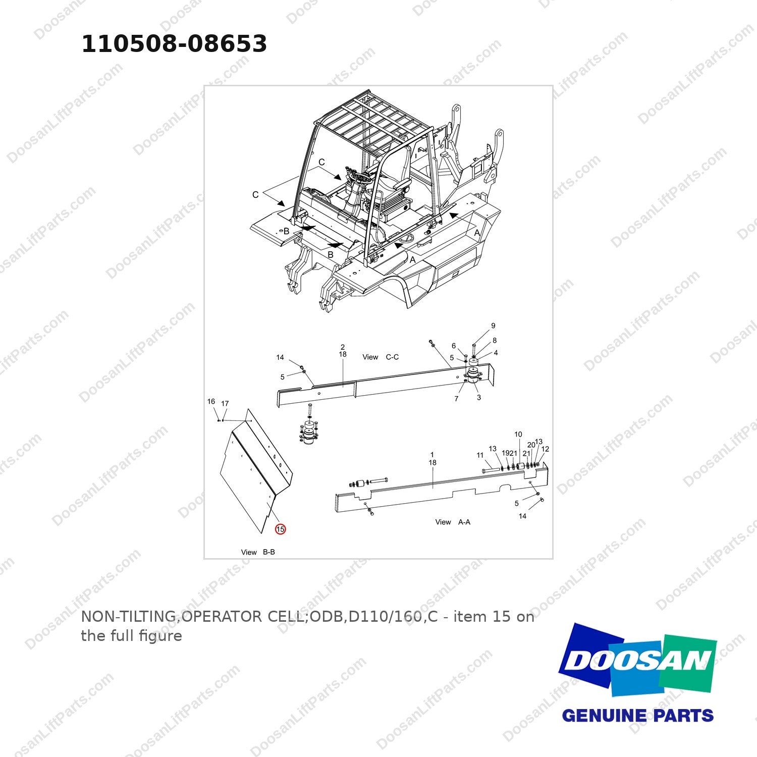 110508-08653 NON-TILTING,OPERATOR CELL;ODB,D110/160,C - full parts diagram, item 15 marked - genuine Doosan / Bobcat forklift part