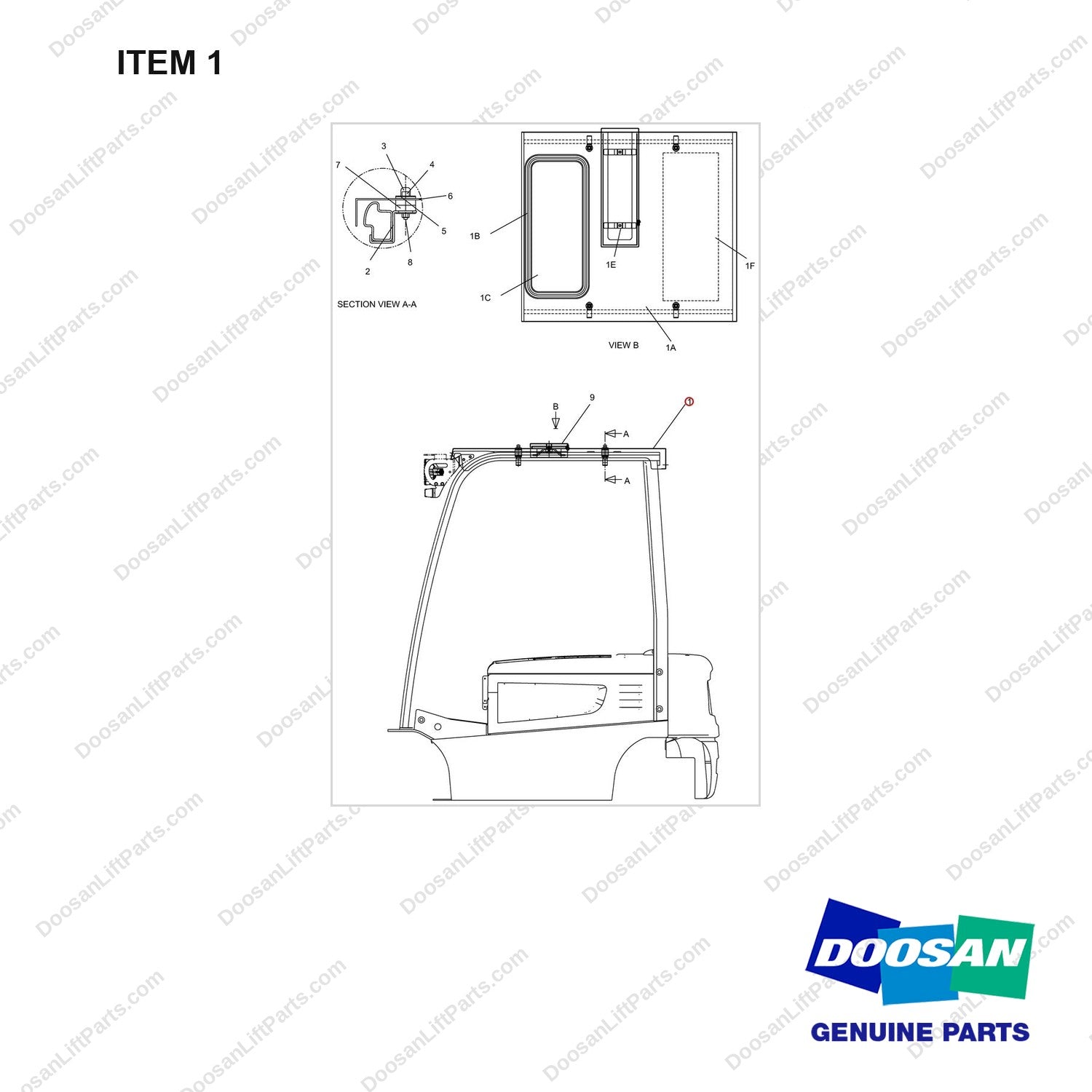 110508-08759 CABIN GP-MODULAR - TYPE A1.8/2.0 TON - full parts diagram, item 1 marked - genuine Doosan / Bobcat forklift part