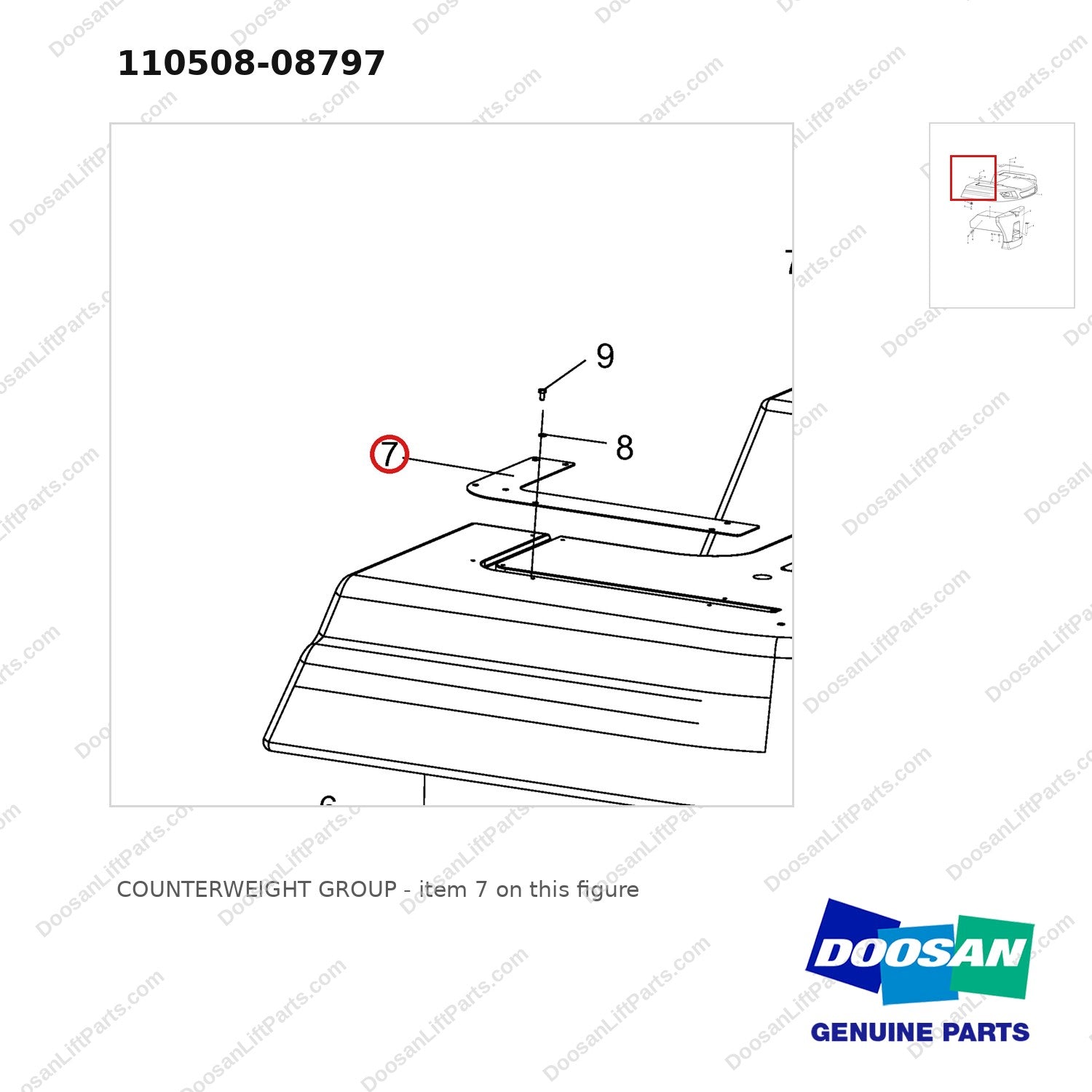 110508-08797 COUNTERWEIGHT GROUP - parts diagram, item 7 shown - genuine Doosan / Bobcat forklift part