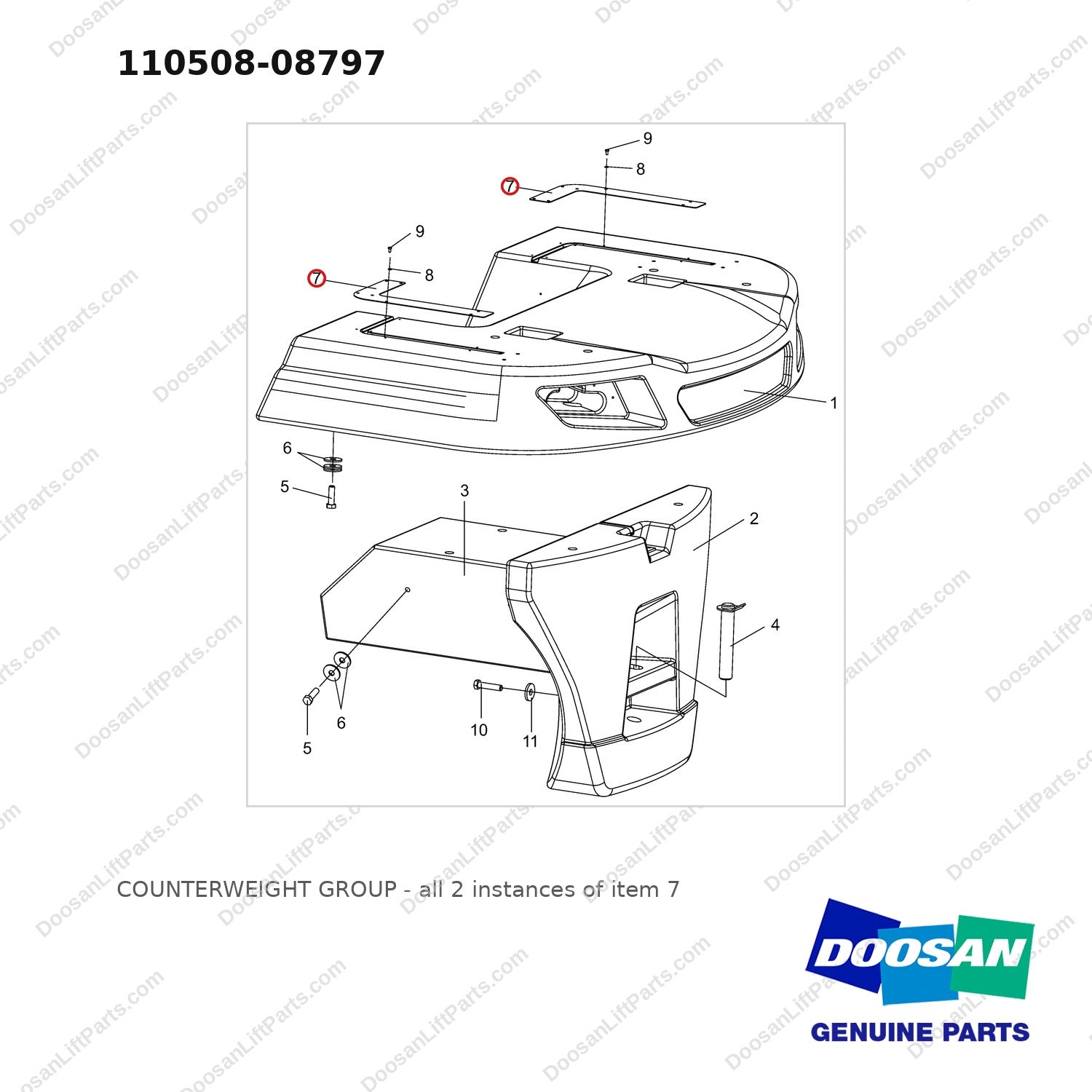 110508-08797 COUNTERWEIGHT GROUP - full parts diagram, item 7 marked - genuine Doosan / Bobcat forklift part