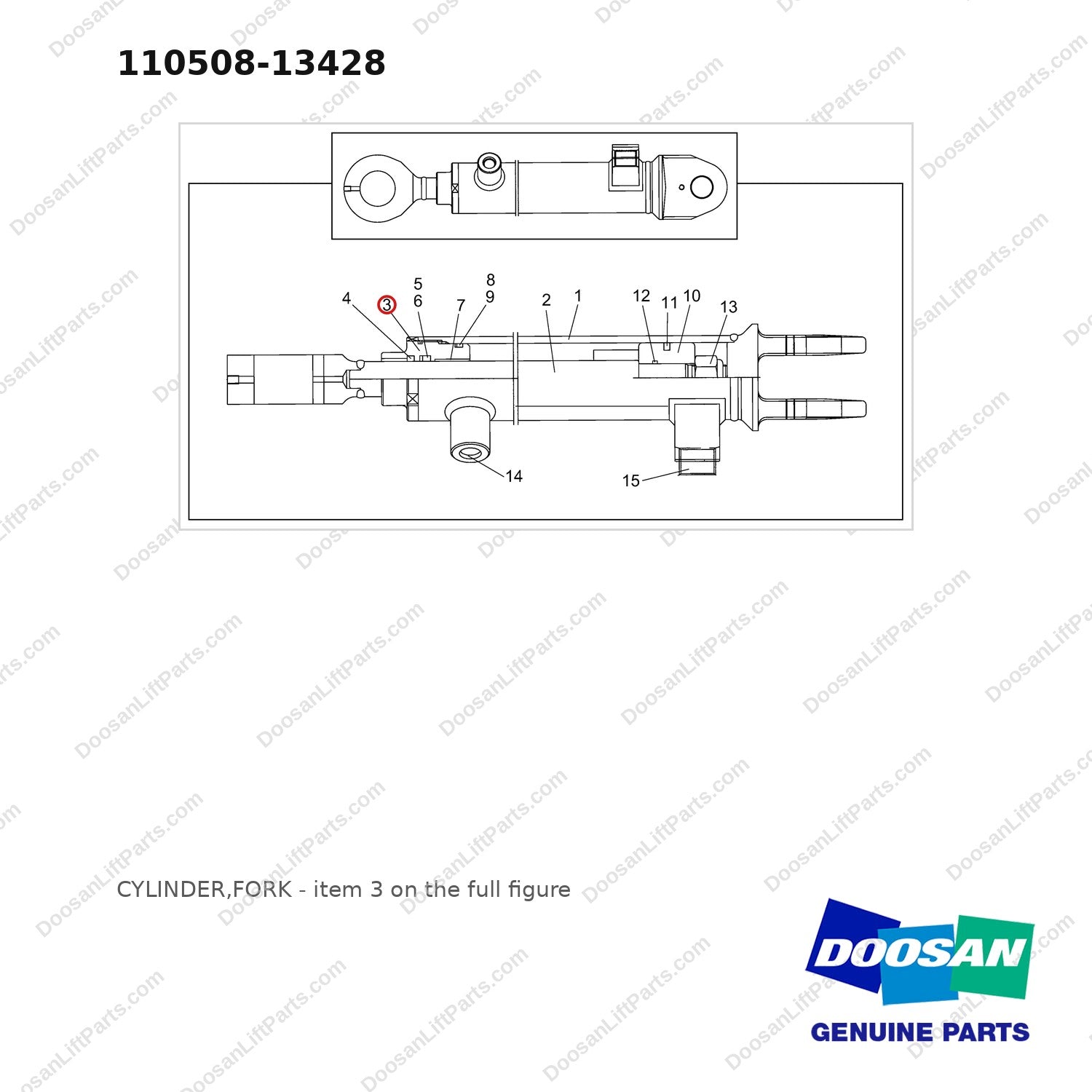 110508-13428 CYLINDER,FORK - full parts diagram, item 3 marked - genuine Doosan / Bobcat forklift part
