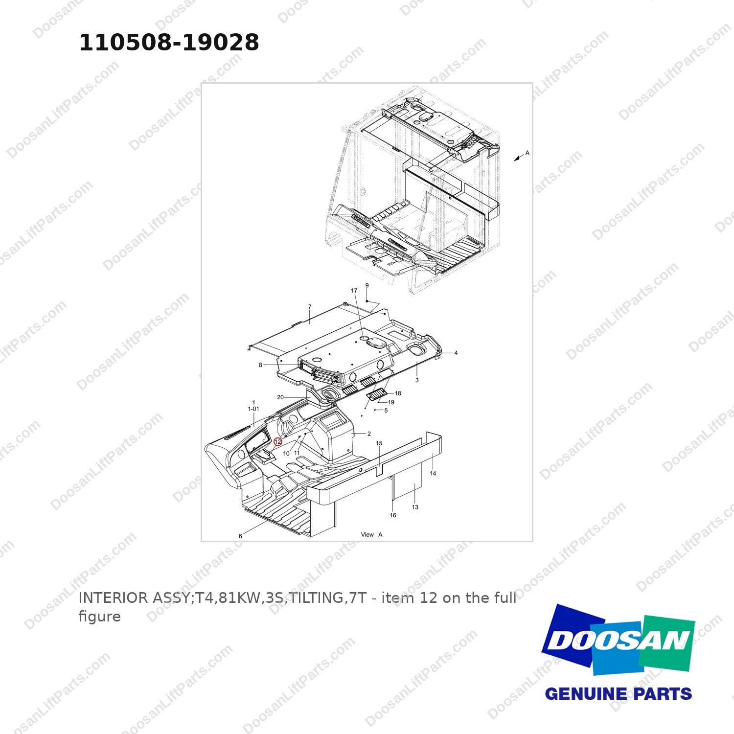 110508-19028 INTERIOR ASSY;T4,81KW,3S,TILTING,7T - full parts diagram, item 12 marked - genuine Doosan / Bobcat forklift part