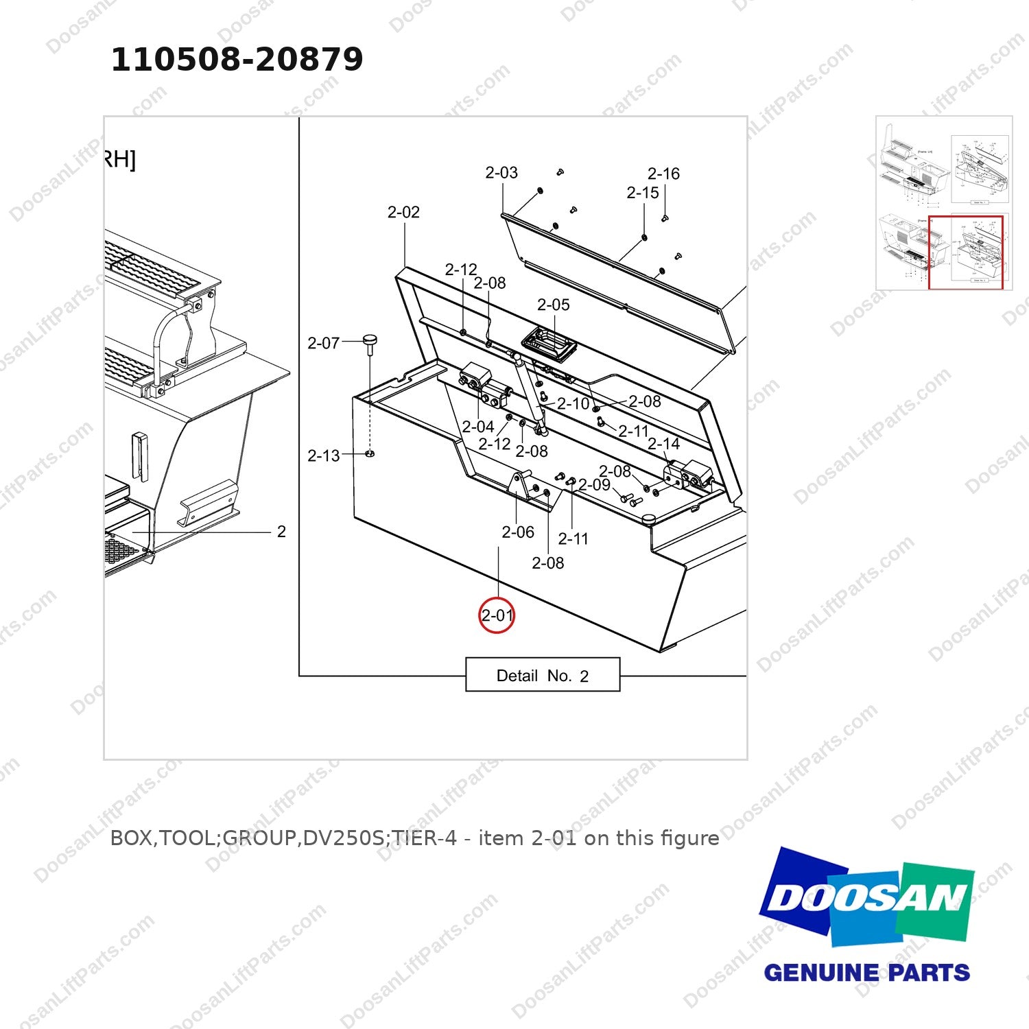 110508-20879 BOX,TOOL;GROUP,DV250S;TIER-4 - parts diagram, item 2-01 shown - genuine Doosan / Bobcat forklift part