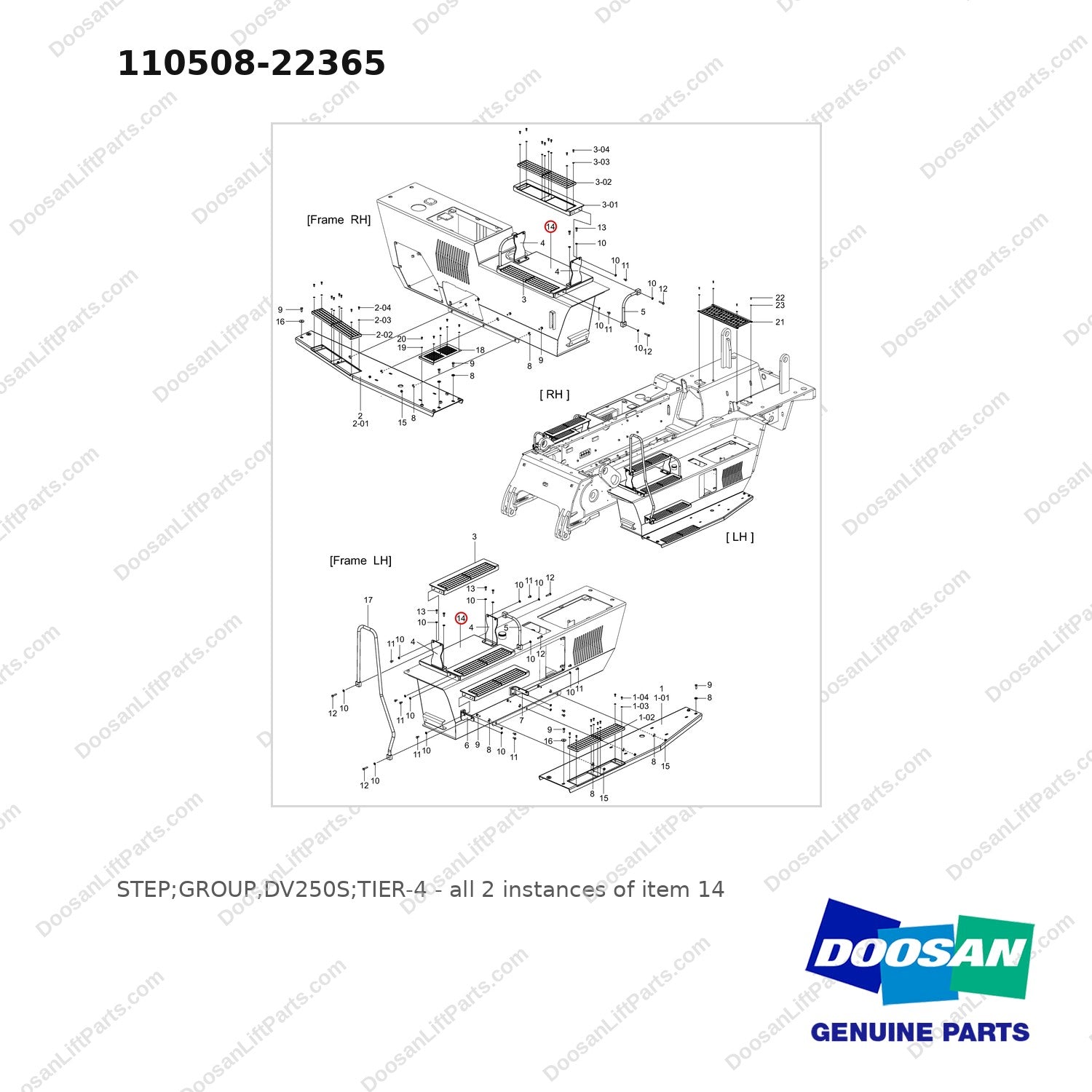 110508-22365 STEP;GROUP,DV250S;TIER-4 - full parts diagram, item 14 marked - genuine Doosan / Bobcat forklift part