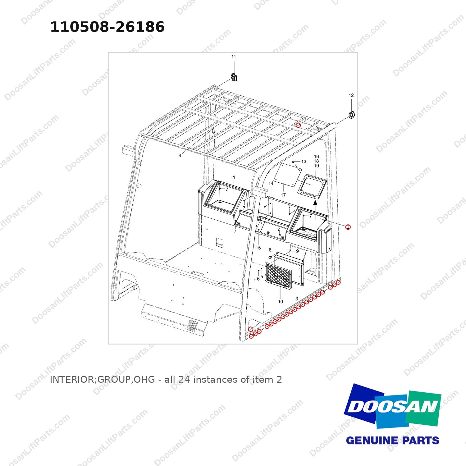 110508-26186 INTERIOR;GROUP,OHG - full parts diagram, item 2 marked - genuine Doosan / Bobcat forklift part