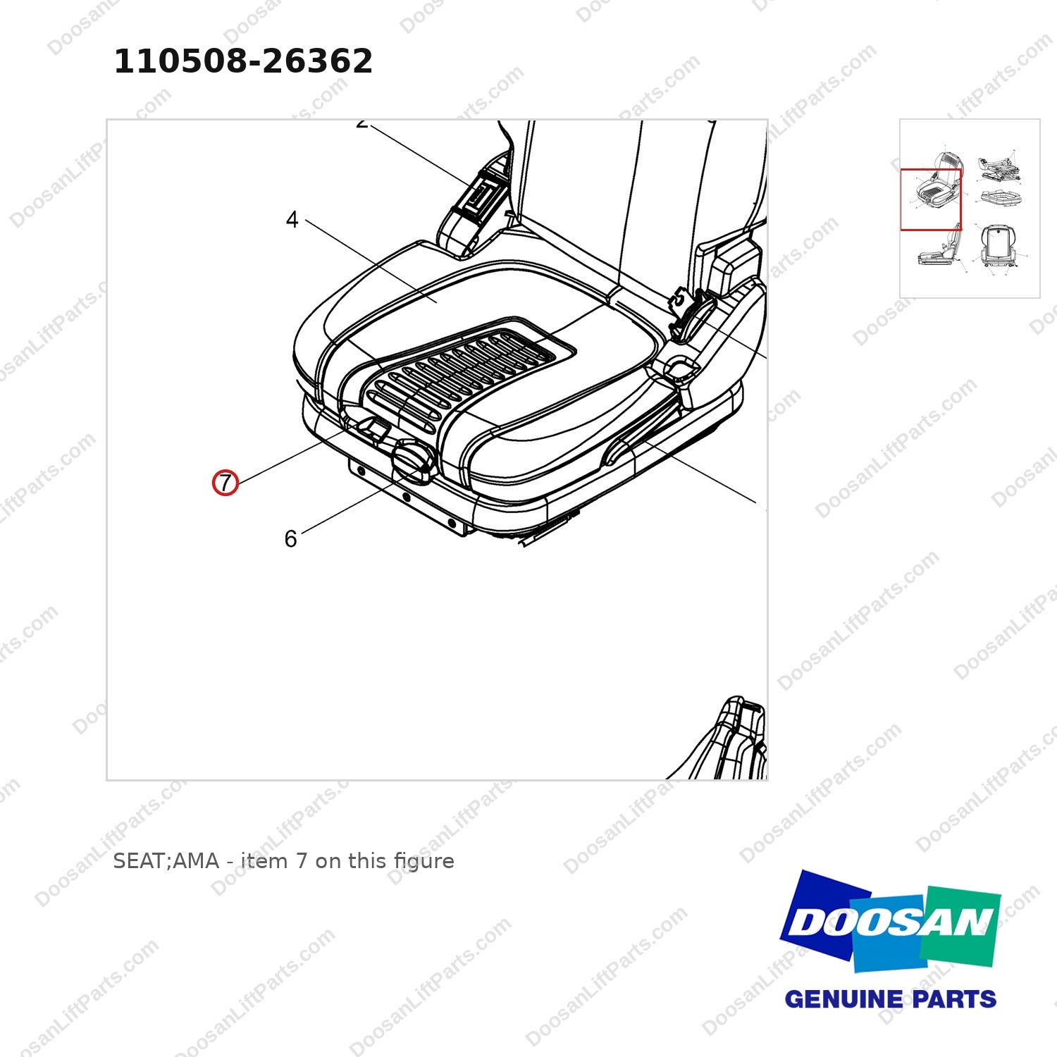 110508-26362 SEAT;AMA - parts diagram, item 7 shown - genuine Doosan / Bobcat forklift part
