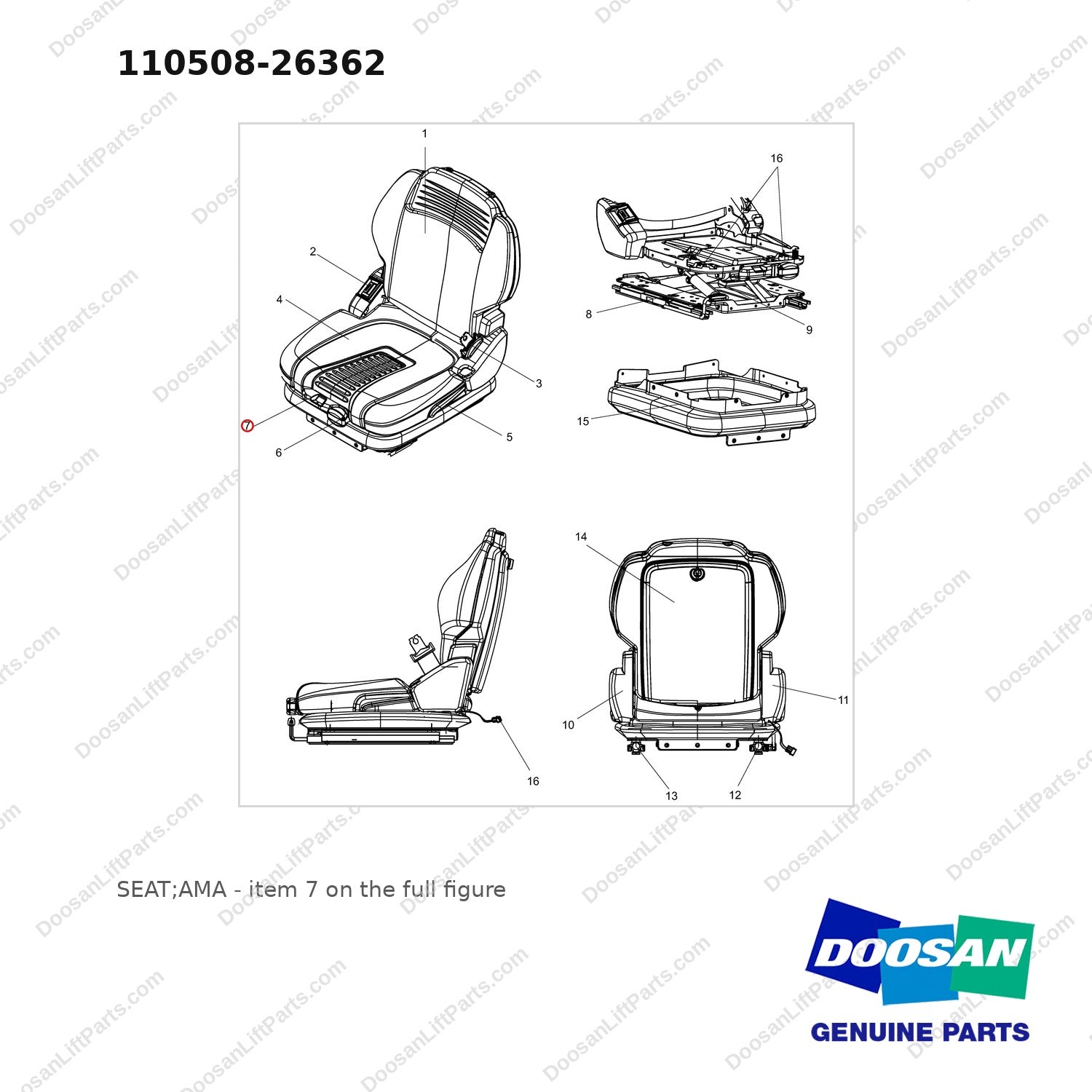 110508-26362 SEAT;AMA - full parts diagram, item 7 marked - genuine Doosan / Bobcat forklift part