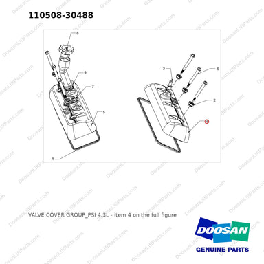 110508-30488 VALVE;COVER GROUP_PSI 4.3L - full parts diagram, item 4 marked - genuine Doosan / Bobcat forklift part