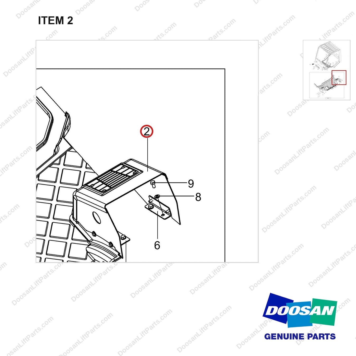 110508-31602 GUARD GROUP;OPC PART FOR OVHG;55KW - parts diagram, item 2 shown - genuine Doosan / Bobcat forklift part