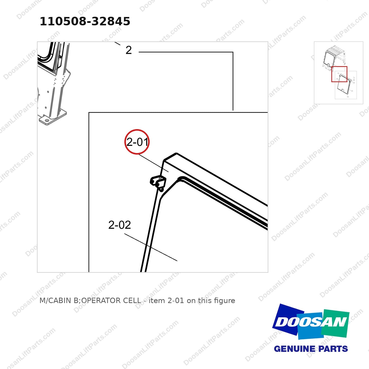 110508-32845 M/CABIN B;OPERATOR CELL - parts diagram, item 2-01 shown - genuine Doosan / Bobcat forklift part