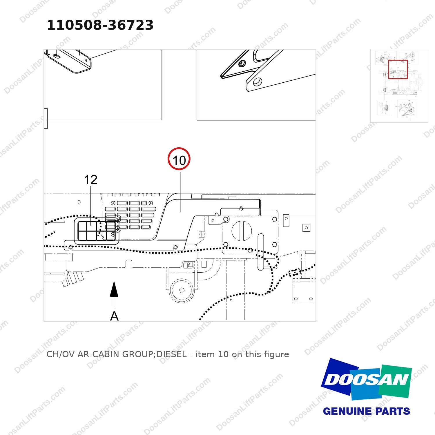 110508-36723 CH/OV AR-CABIN GROUP;DIESEL - parts diagram, item 10 shown - genuine Doosan / Bobcat forklift part