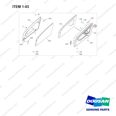 110508-38482 SIDE PANEL GP;D25S-9 - full parts diagram, item 1-03 marked - genuine Doosan / Bobcat forklift part