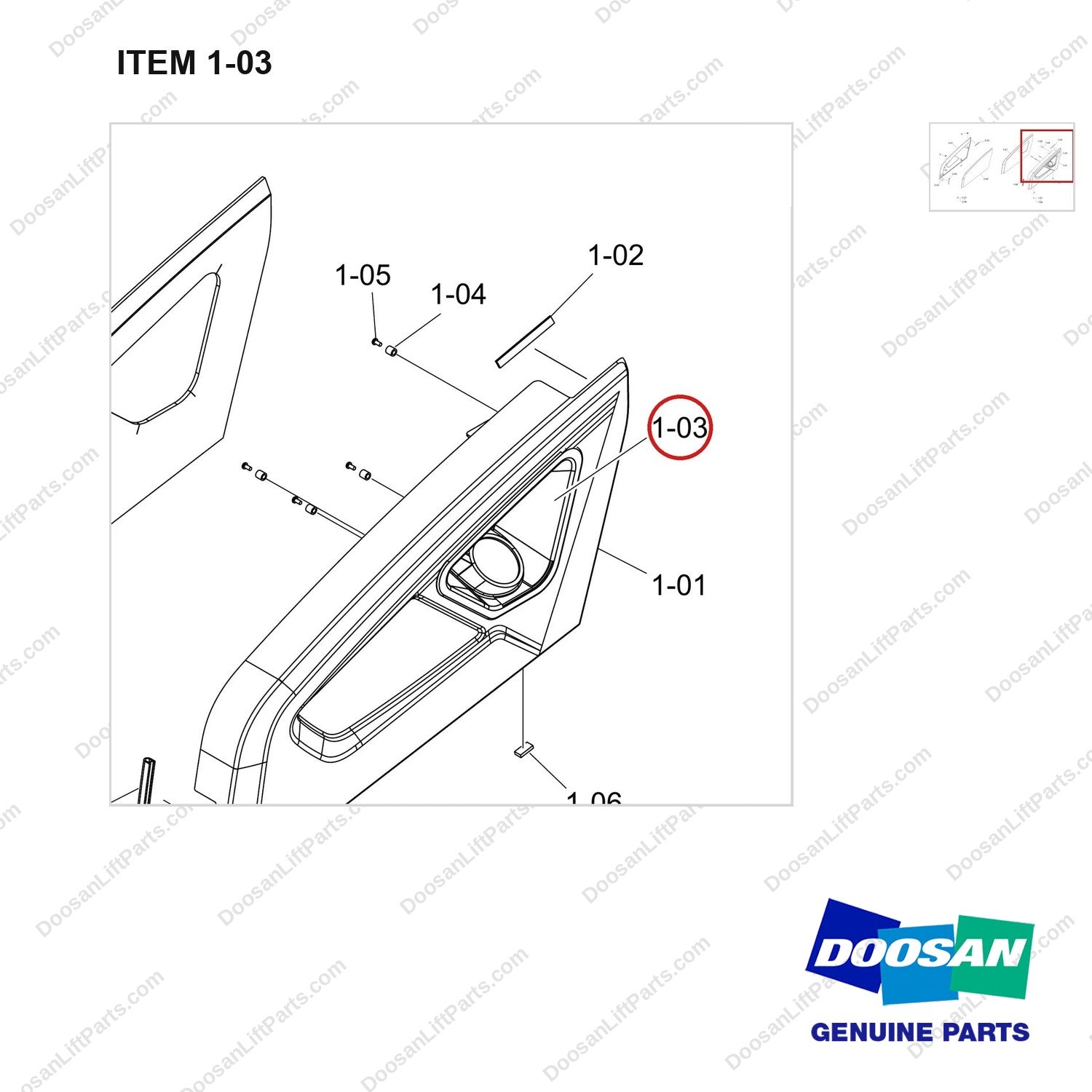 110508-38482 SIDE PANEL GP;D25S-9 - parts diagram, item 1-03 shown - genuine Doosan / Bobcat forklift part