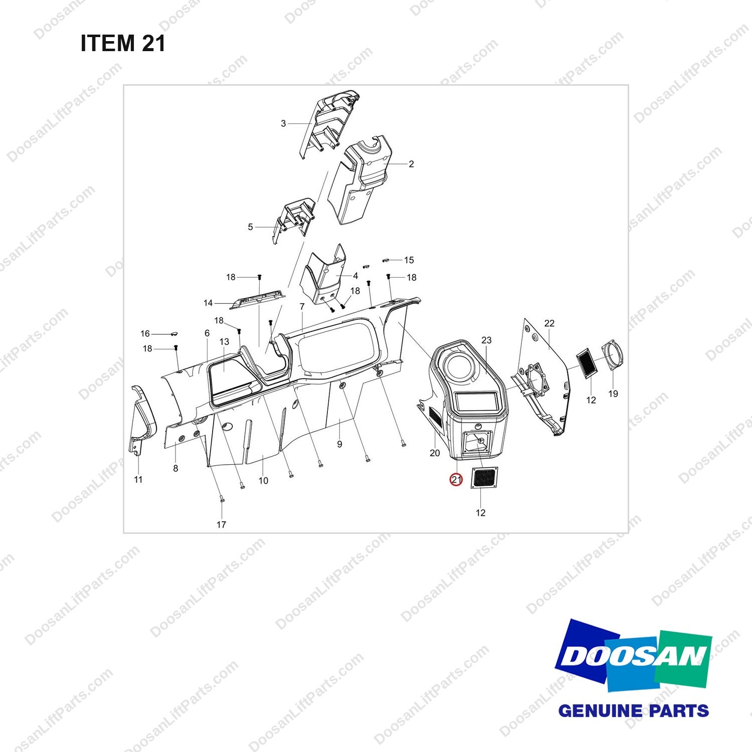 110508-38562 CONSOLE COVER;WITH HEATER - full parts diagram, item 21 marked - genuine Doosan / Bobcat forklift part