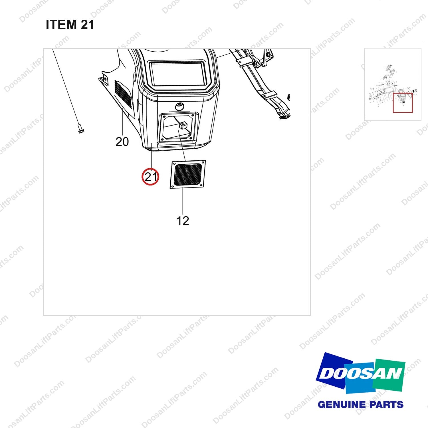 110508-38562 CONSOLE COVER;WITH HEATER - parts diagram, item 21 shown - genuine Doosan / Bobcat forklift part