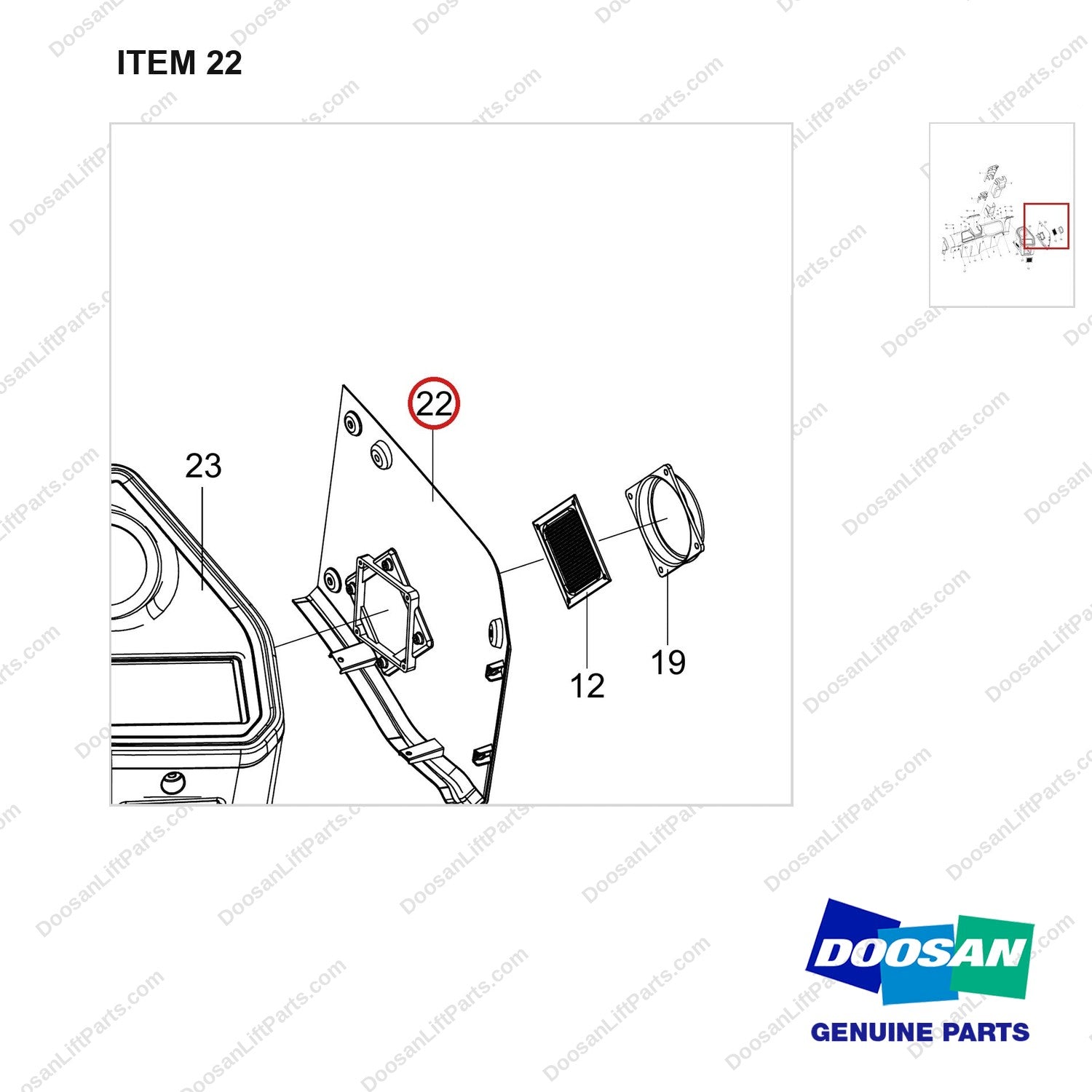 110508-38563 CONSOLE COVER;WITH HEATER - parts diagram, item 22 shown - genuine Doosan / Bobcat forklift part