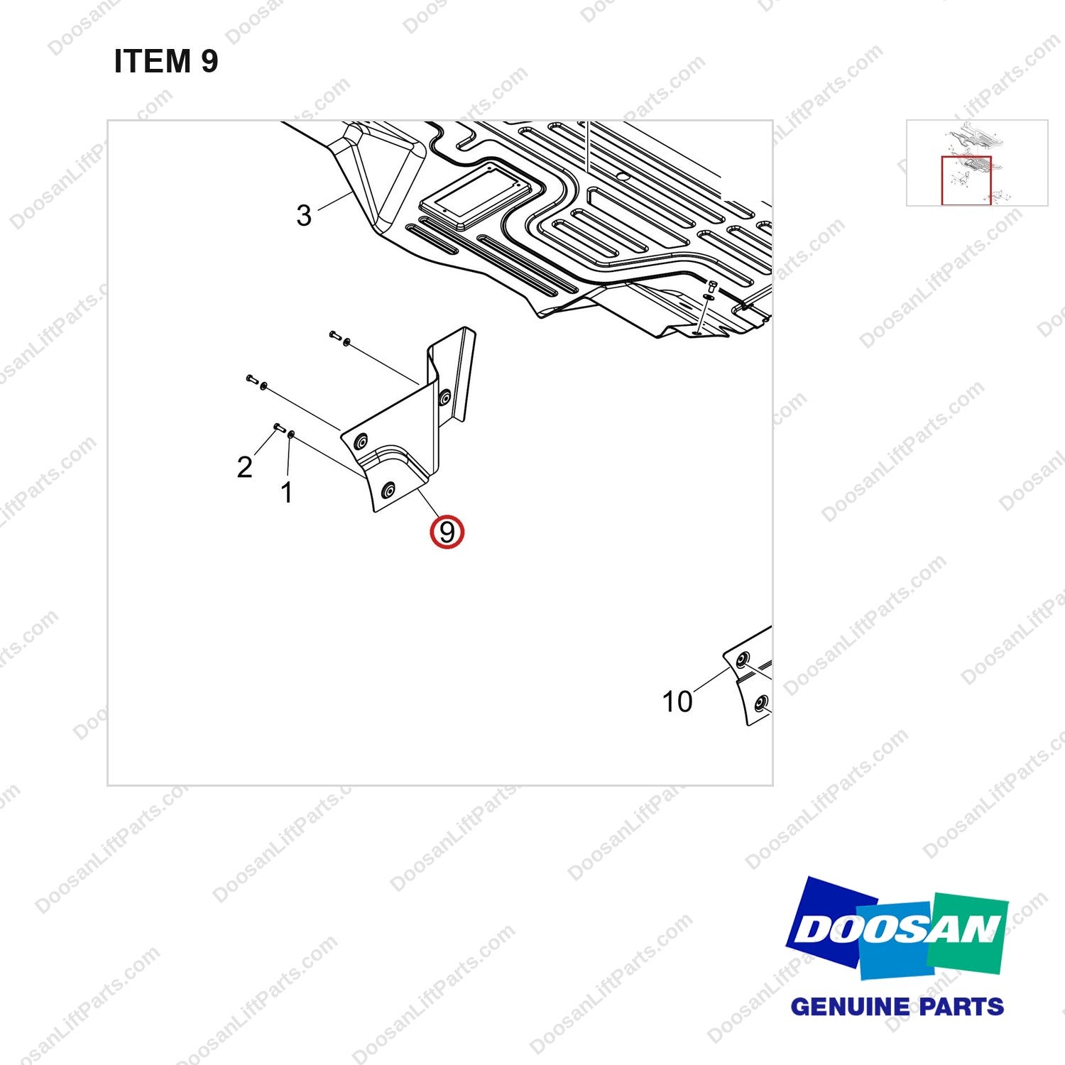 110508-38699 FLOOR PLATE GP;D40S-9 T5 55KW,OVHG - parts diagram, item 9 shown - genuine Doosan / Bobcat forklift part