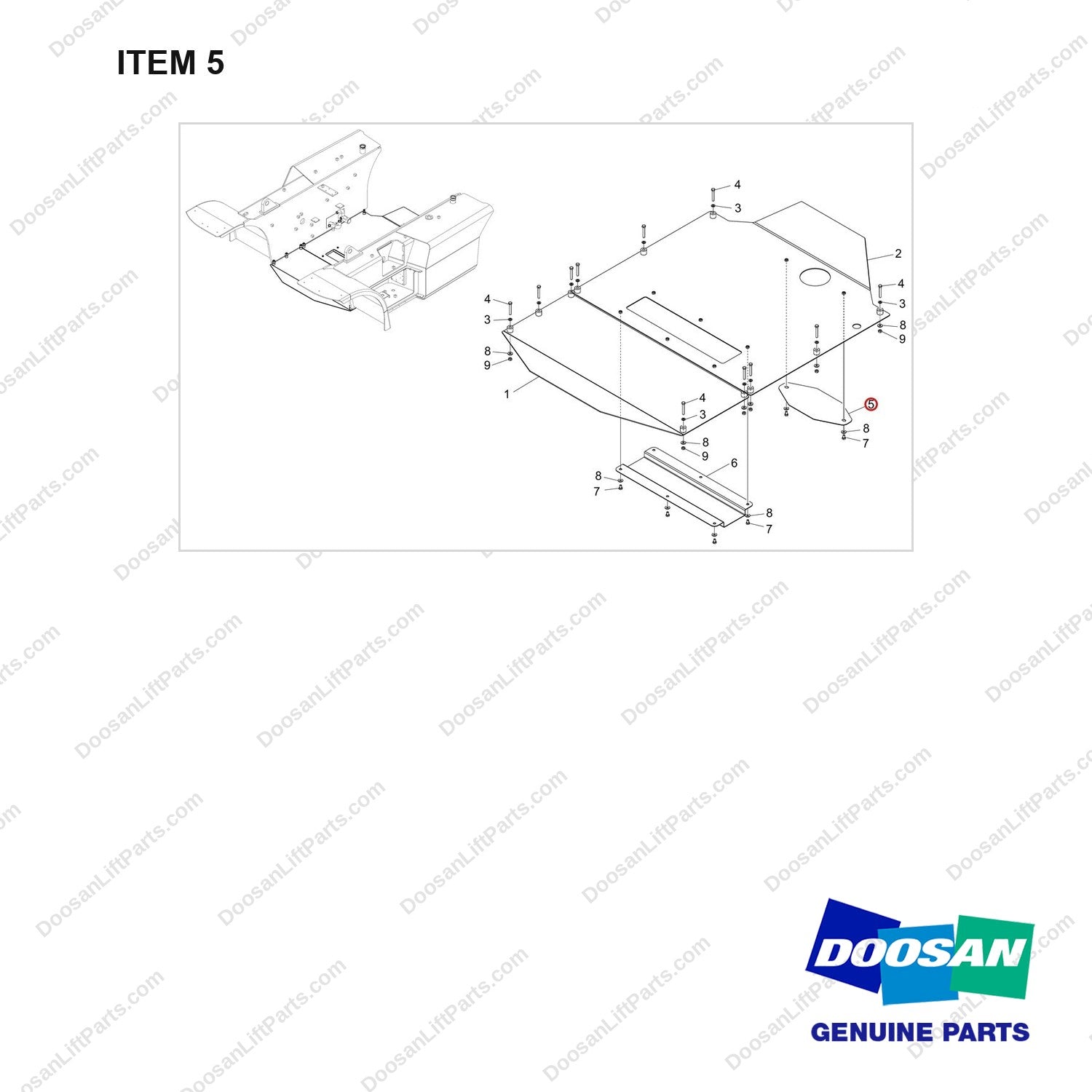 110508-38929 UNDER PROTECT PLATE GP;STEEL,70S-9 - full parts diagram, item 5 marked - genuine Doosan / Bobcat forklift part
