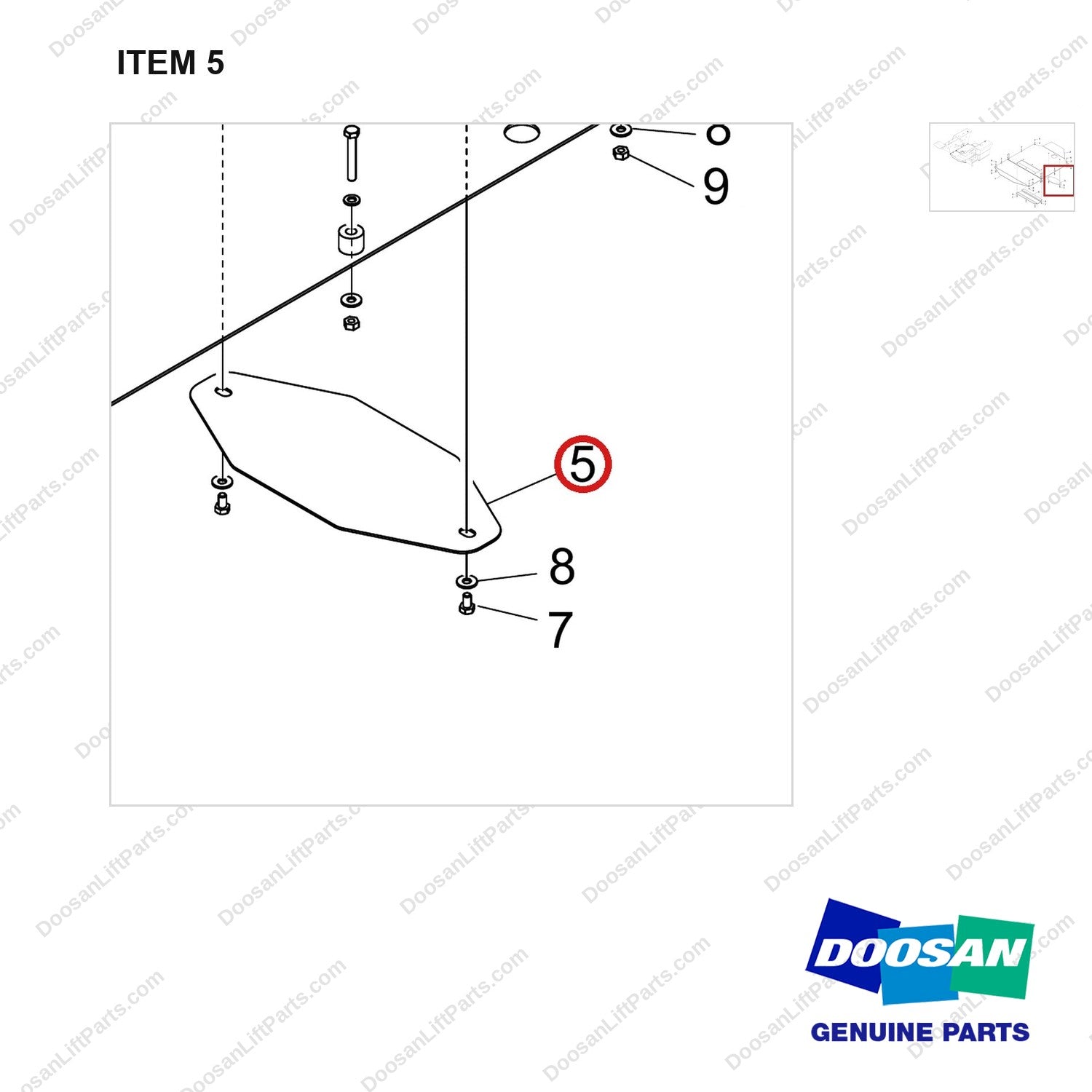 110508-38929 UNDER PROTECT PLATE GP;STEEL,70S-9 - parts diagram, item 5 shown - genuine Doosan / Bobcat forklift part