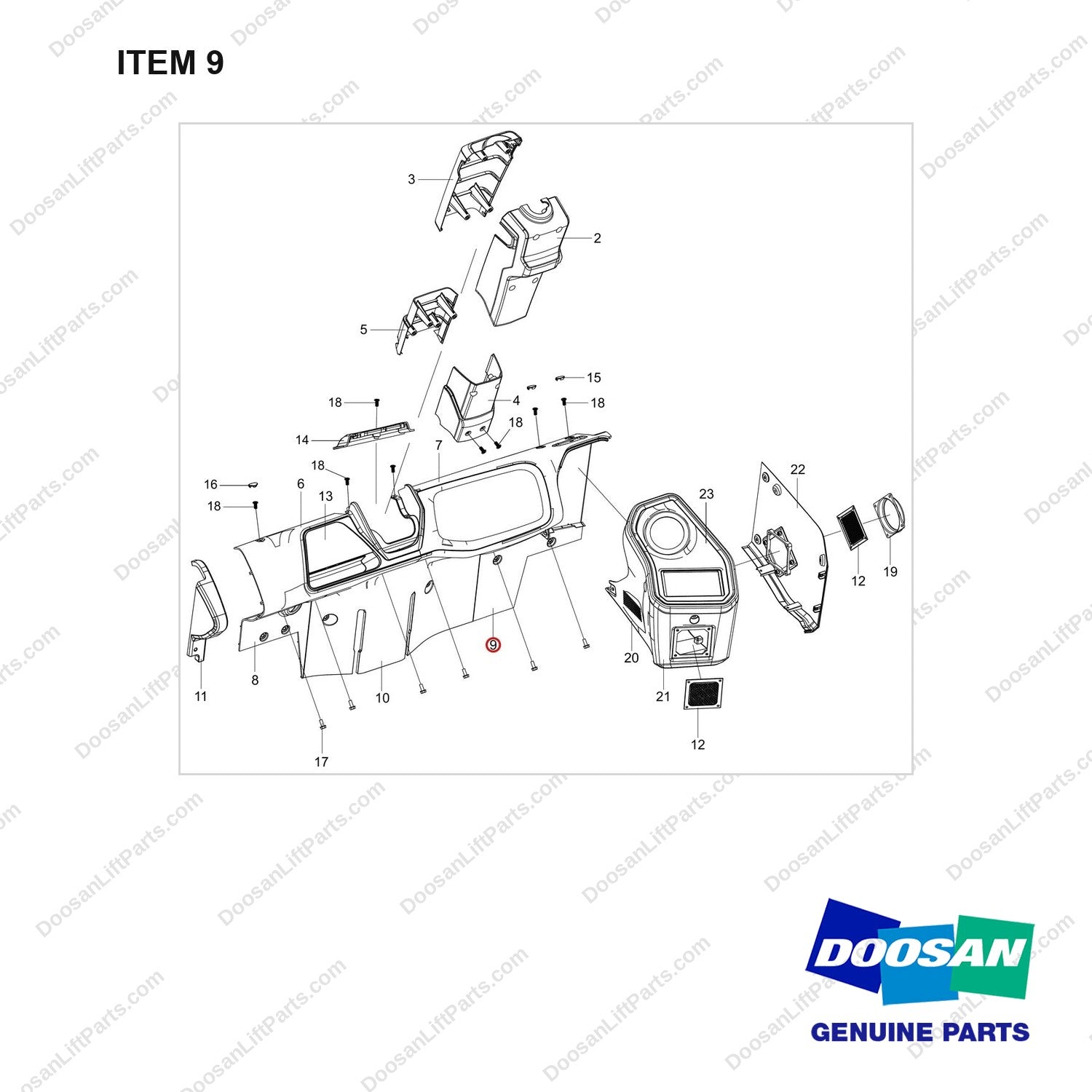 110508-39176 CONSOLE COVER;WITH HEATER - full parts diagram, item 9 marked - genuine Doosan / Bobcat forklift part