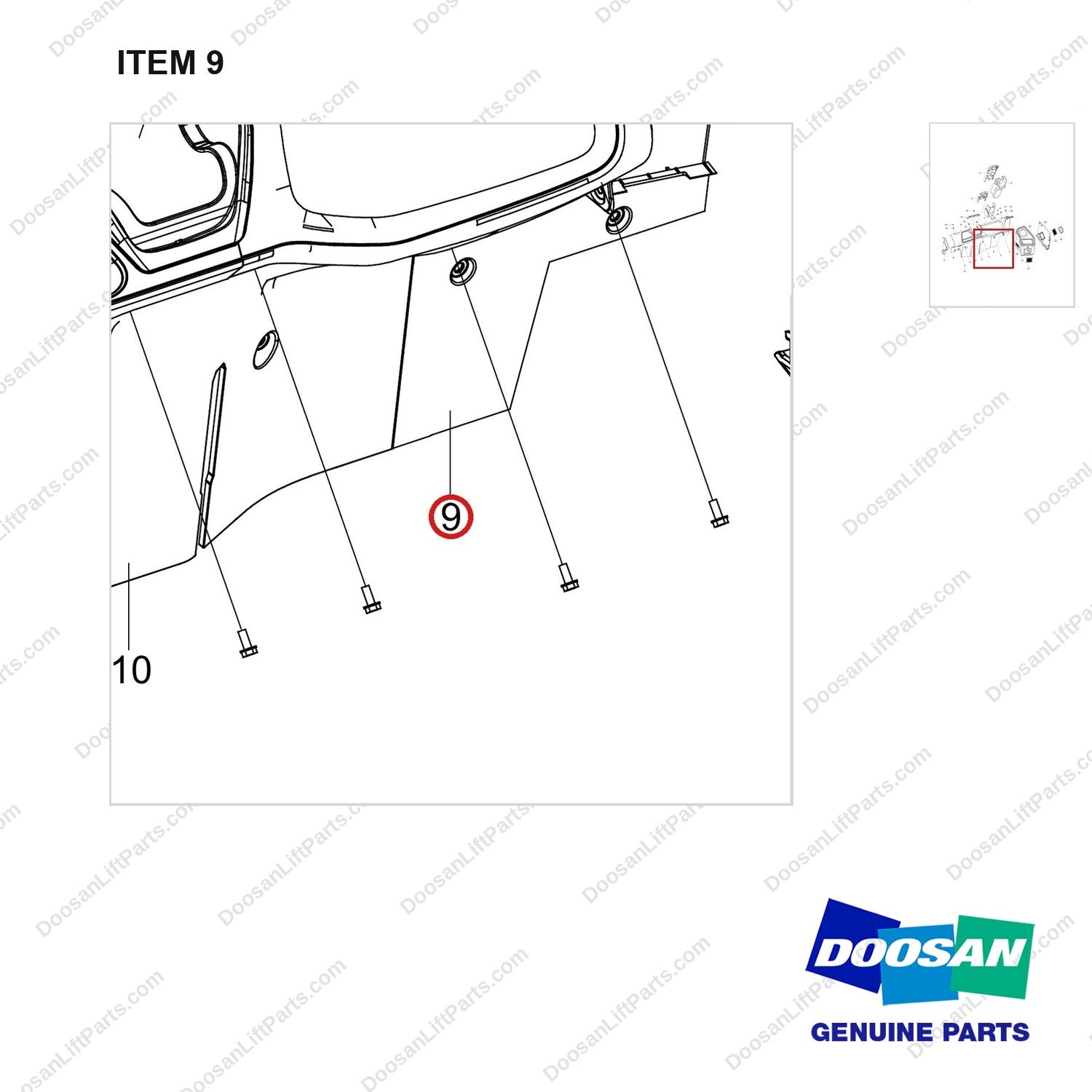 110508-39176 CONSOLE COVER;WITH HEATER - parts diagram, item 9 shown - genuine Doosan / Bobcat forklift part