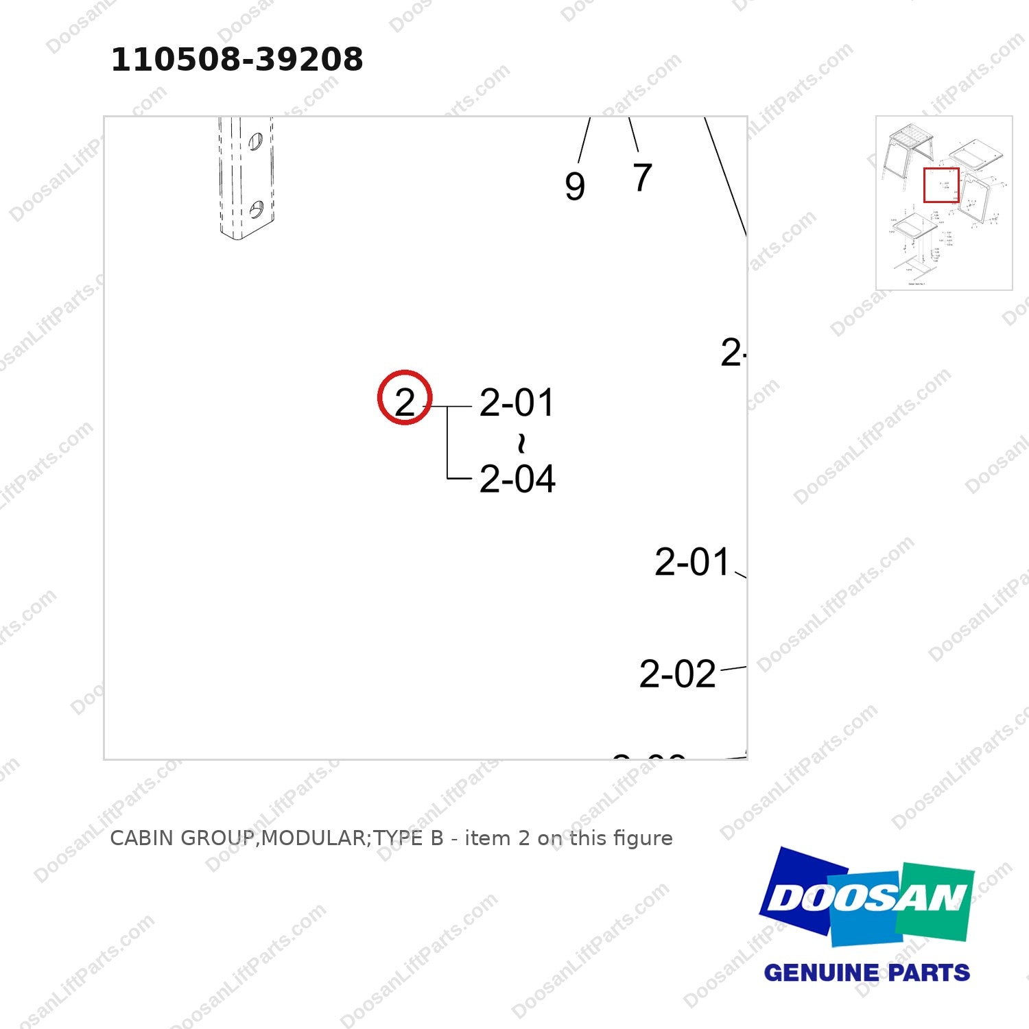 110508-39208 CABIN GROUP,MODULAR;TYPE B - parts diagram, item 2 shown - genuine Doosan / Bobcat forklift part