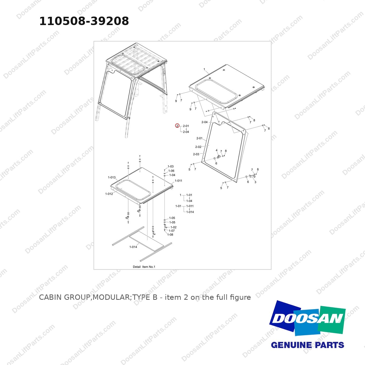 110508-39208 CABIN GROUP,MODULAR;TYPE B - full parts diagram, item 2 marked - genuine Doosan / Bobcat forklift part