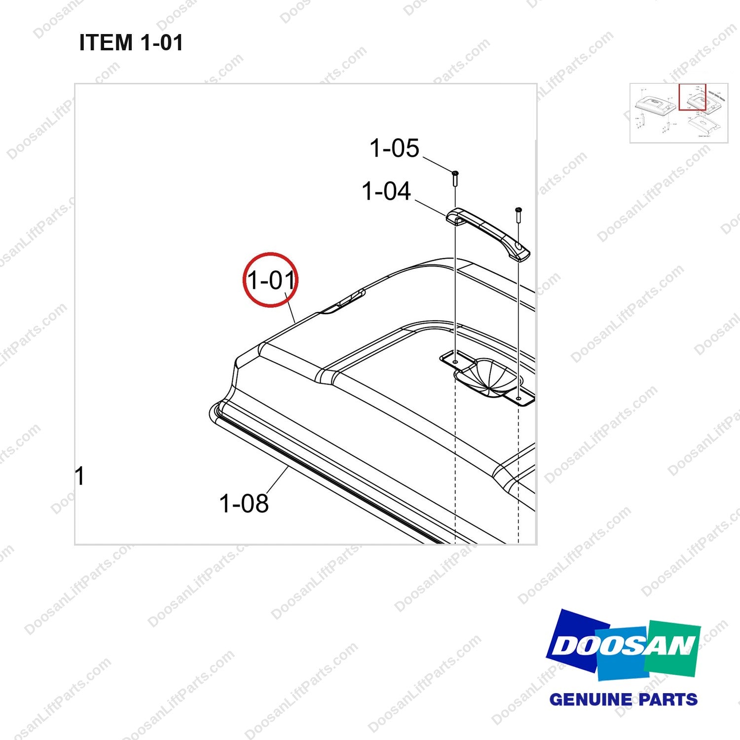 110508-39526 RADIATOR COVER GP;D40S-9 T5 55KW - parts diagram, item 1-01 shown - genuine Doosan / Bobcat forklift part