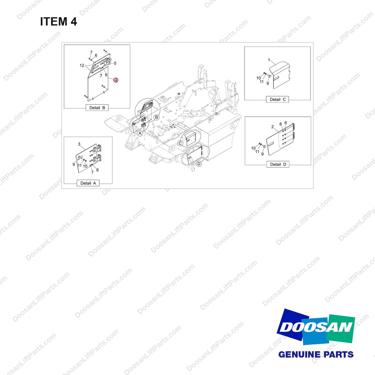 110508-40999 COVER ASSY;D90,FS - full parts diagram, item 4 marked - genuine Doosan / Bobcat forklift part
