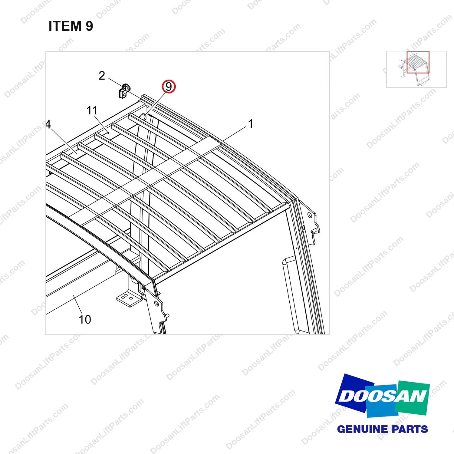 110508-41046 OVERHEAD GUARD;2095MM - parts diagram, item 9 shown - genuine Doosan / Bobcat forklift part