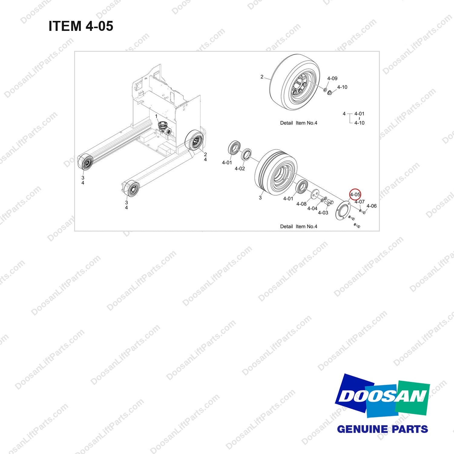 110508-41180 WHEEL AND TIRE;D/SOLID L/SOLID,BOBCAT - full parts diagram, item 4-05 marked - genuine Doosan / Bobcat forklift part
