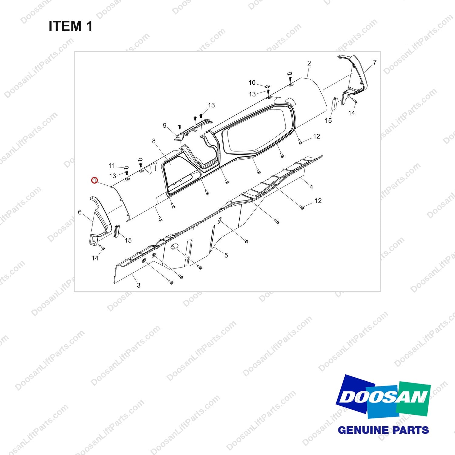 110508-41210 CONSOLE COVER;W/O HEATER - full parts diagram, item 1 marked - genuine Doosan / Bobcat forklift part