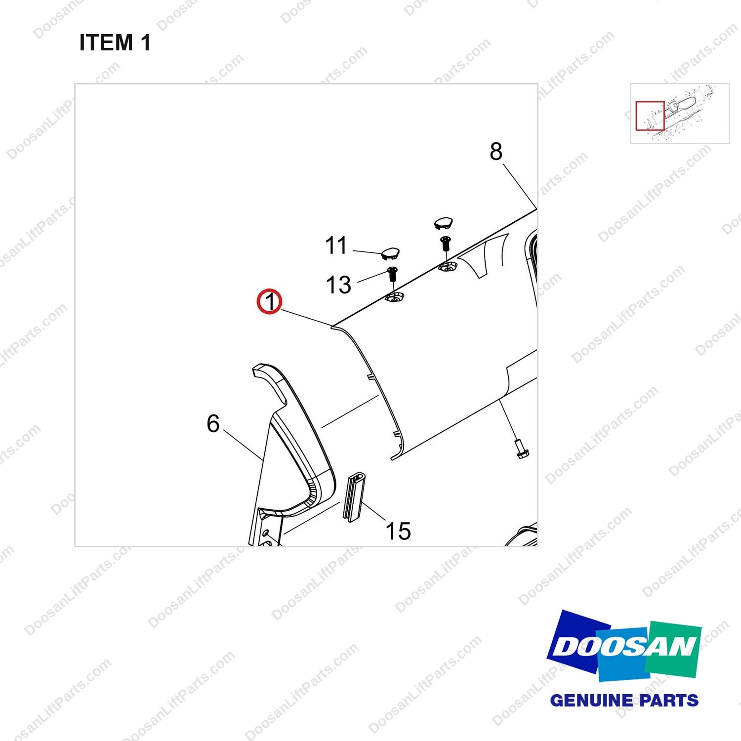 110508-41210 CONSOLE COVER;W/O HEATER - parts diagram, item 1 shown - genuine Doosan / Bobcat forklift part