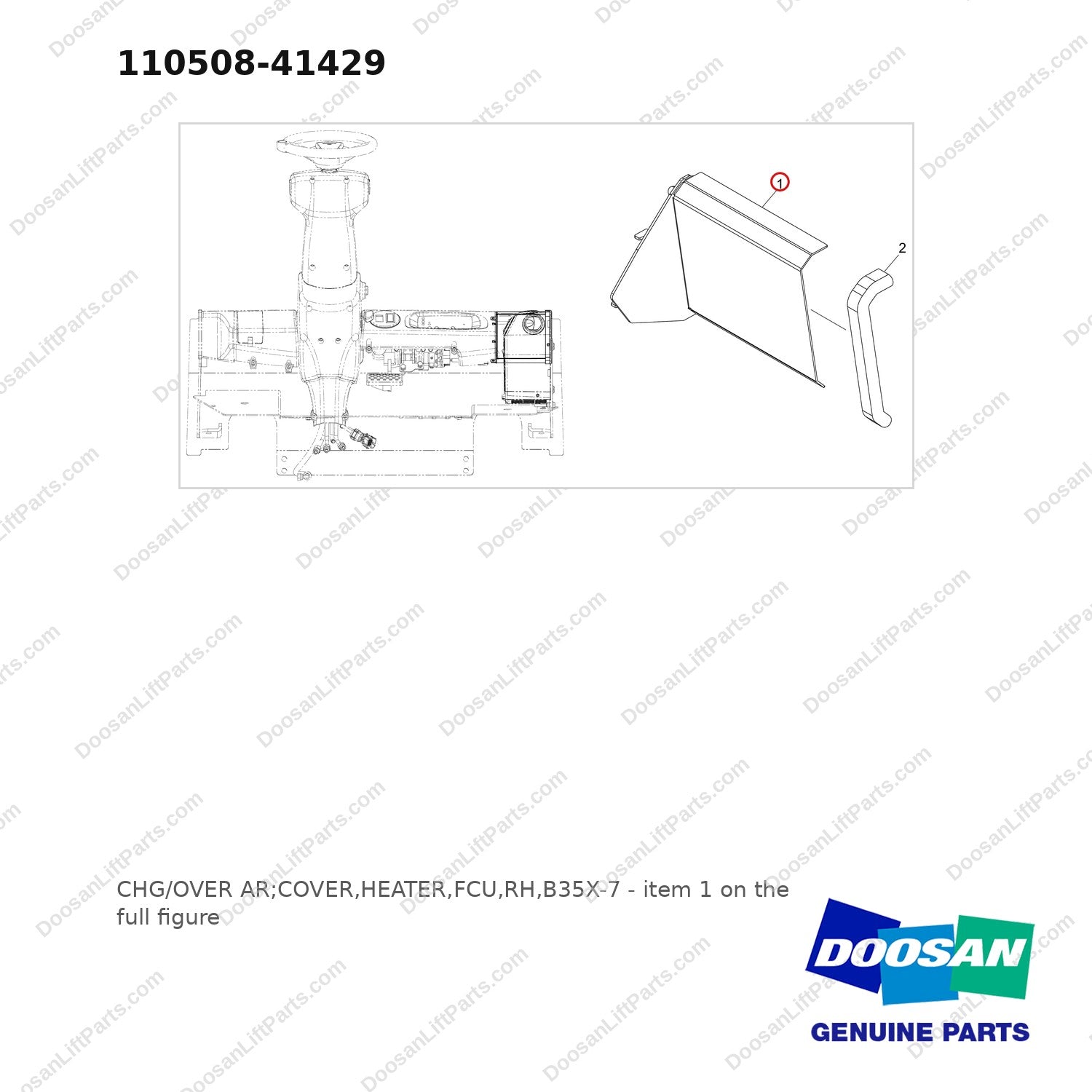 110508-41429 CHG/OVER AR;COVER,HEATER,FCU,RH,B35X-7 - full parts diagram, item 1 marked - genuine Doosan / Bobcat forklift part