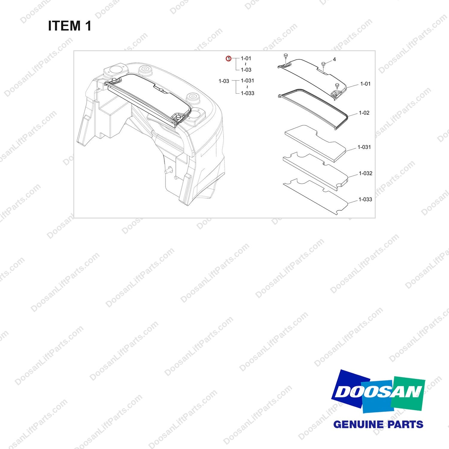 110508-41488 RADIATOR COVER GP;D25S-9 OVHG - full parts diagram, item 1 marked - genuine Doosan / Bobcat forklift part