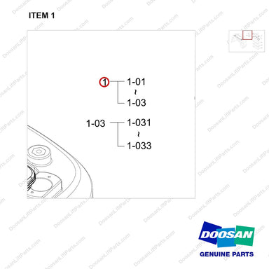 110508-41488 RADIATOR COVER GP;D25S-9 OVHG - parts diagram, item 1 shown - genuine Doosan / Bobcat forklift part
