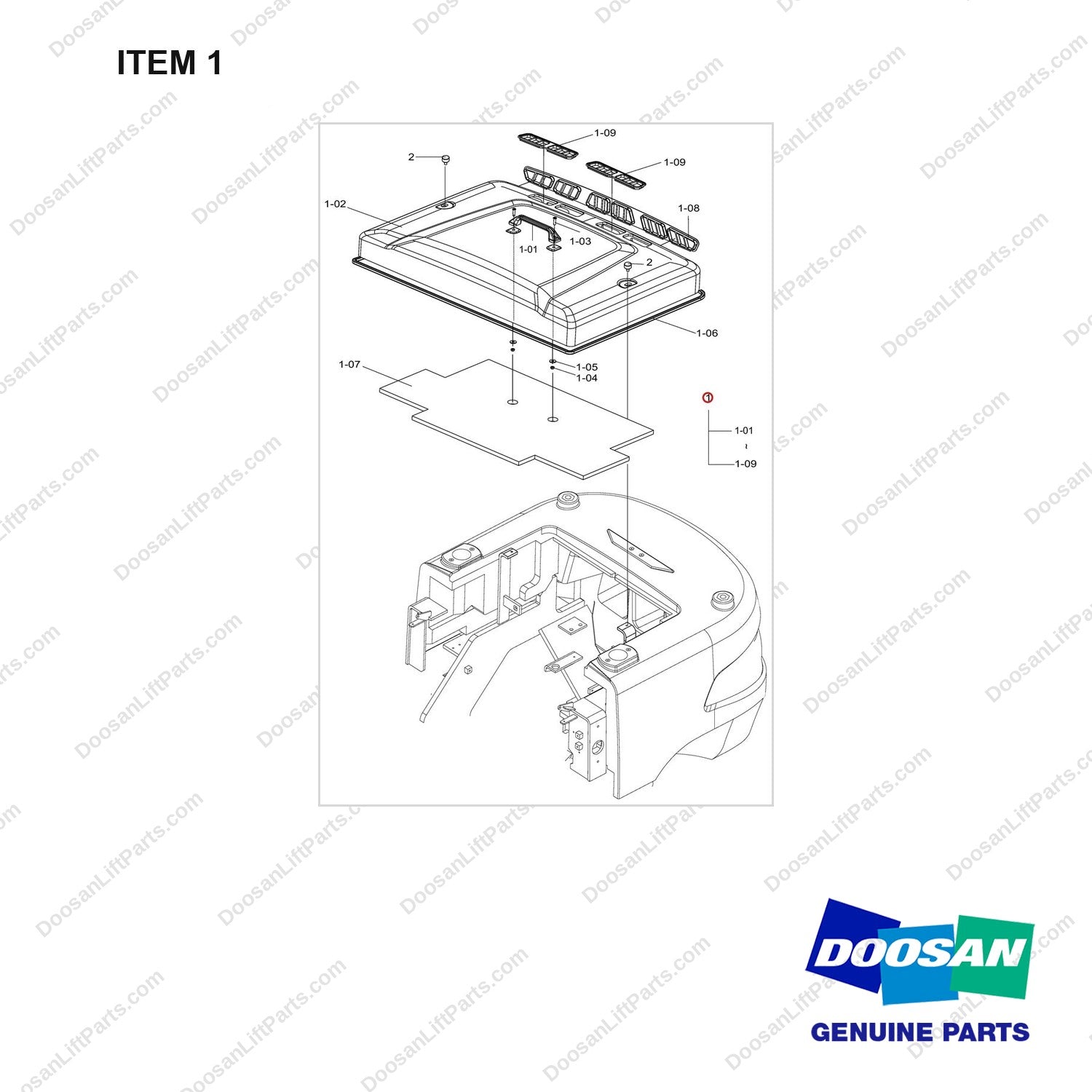 110508-42108 COVER GROUP;RADIATOR HOOD (STD) - full parts diagram, item 1 marked - genuine Doosan / Bobcat forklift part