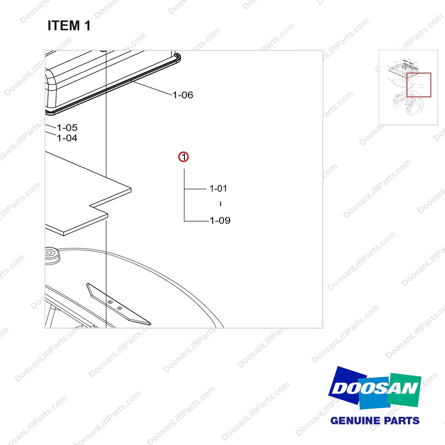 110508-42108 COVER GROUP;RADIATOR HOOD (STD) - parts diagram, item 1 shown - genuine Doosan / Bobcat forklift part
