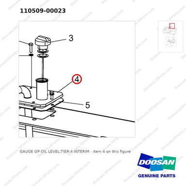 110509-00023 GAUGE GP-OIL LEVEL;TIER-4 INTERIM - parts diagram, item 4 shown - genuine Doosan / Bobcat forklift part