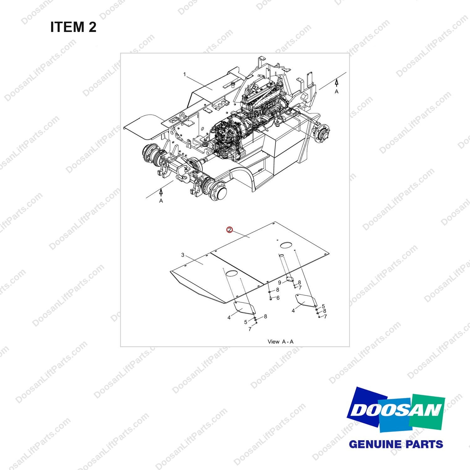 110513-01806 Changeover AR. Belly Plate , Aluminum - full parts diagram, item 2 marked - genuine Doosan / Bobcat forklift part