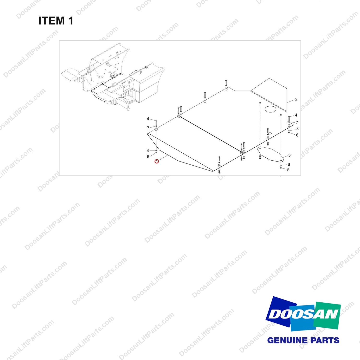 110513-03169 UNDER PROTECT PLATE GP;STEEL,D80S-9 - full parts diagram, item 1 marked - genuine Doosan / Bobcat forklift part