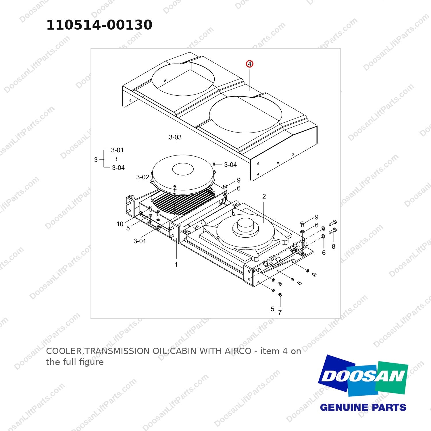 110514-00130 COOLER,TRANSMISSION OIL;CABIN WITH AIRCO - full parts diagram, item 4 marked - genuine Doosan / Bobcat forklift part